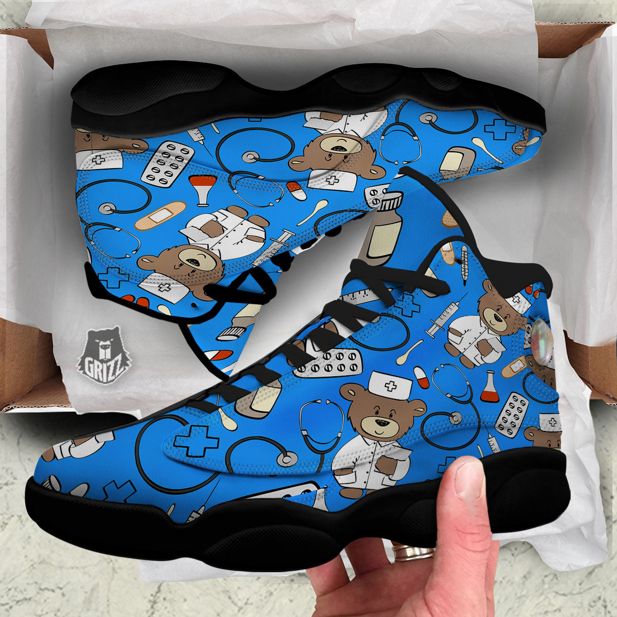 Blue Teddy Bear Nurse Black Basketball Shoes-grizzshop
