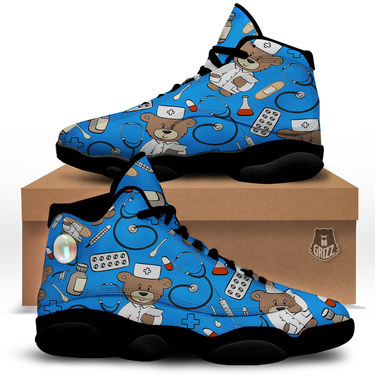 Blue Teddy Bear Nurse Black Basketball Shoes-grizzshop
