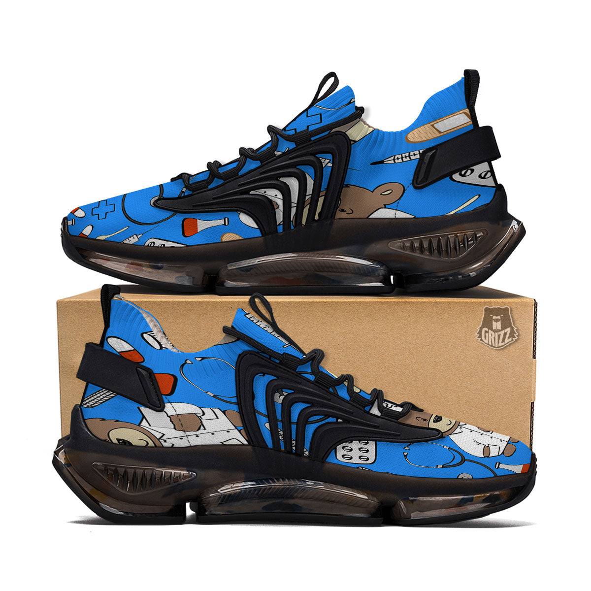 Blue Teddy Bear Nurse Black Gym Shoes-grizzshop