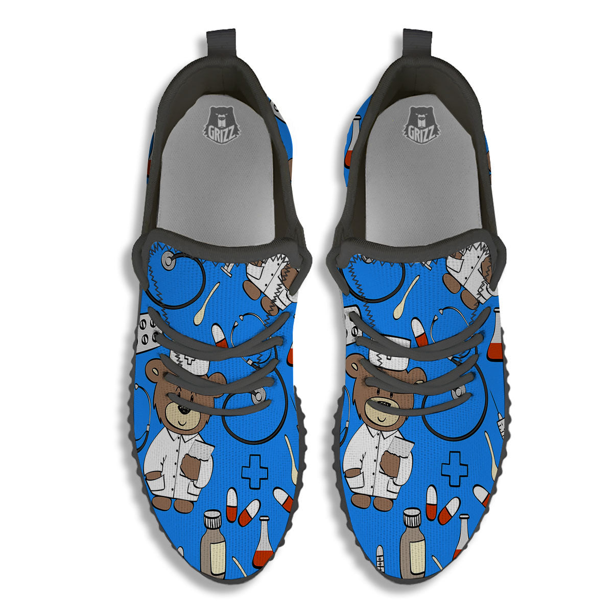 Blue Teddy Bear Nurse Black Walking Shoes-grizzshop