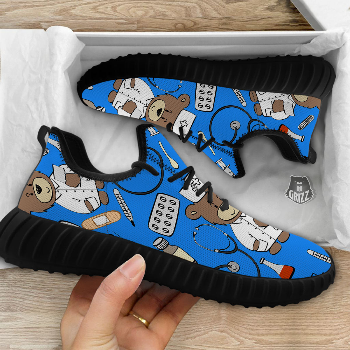 Blue Teddy Bear Nurse Black Walking Shoes-grizzshop