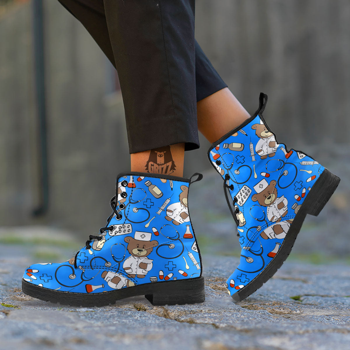 Blue Teddy Bear Nurse Leather Boots-grizzshop