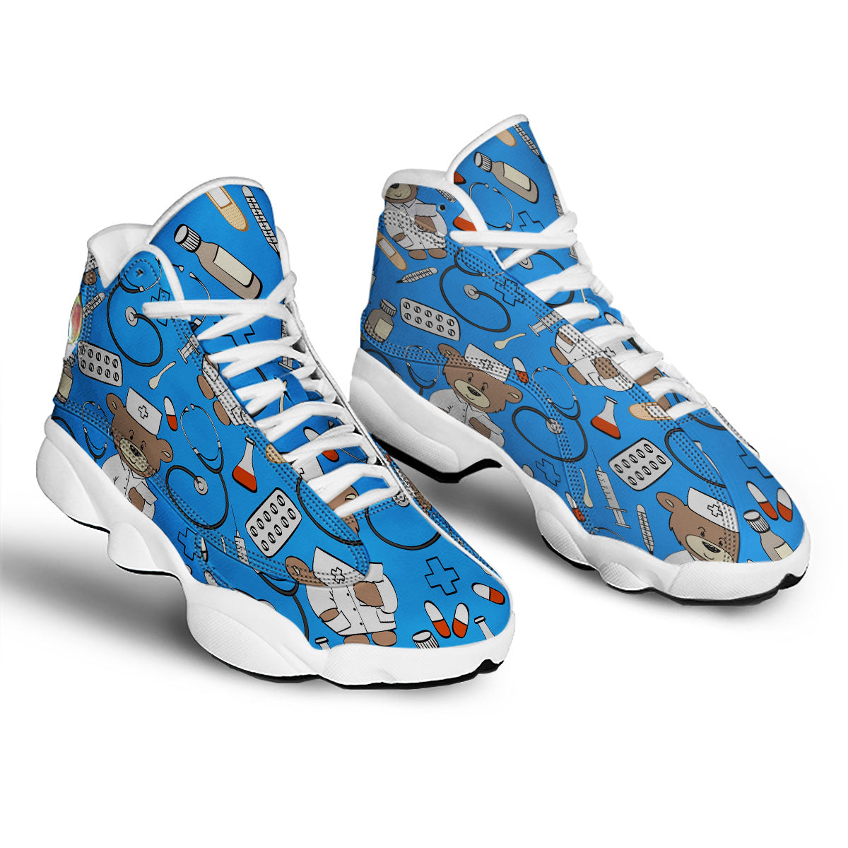 Blue Teddy Bear Nurse White Basketball Shoes-grizzshop