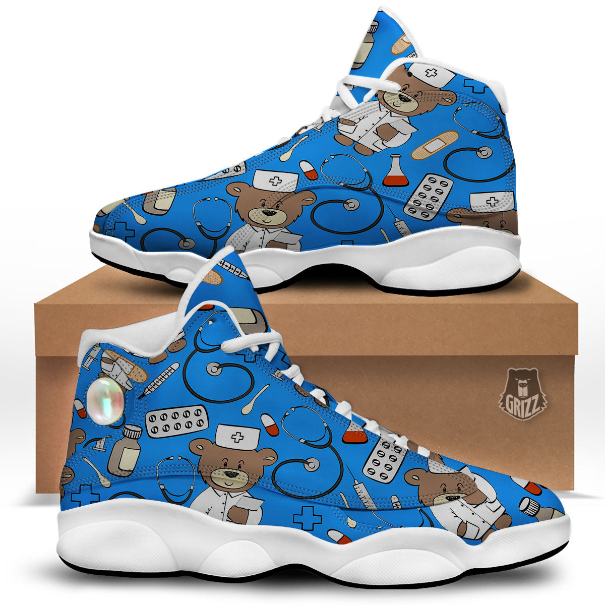 Blue Teddy Bear Nurse White Basketball Shoes-grizzshop