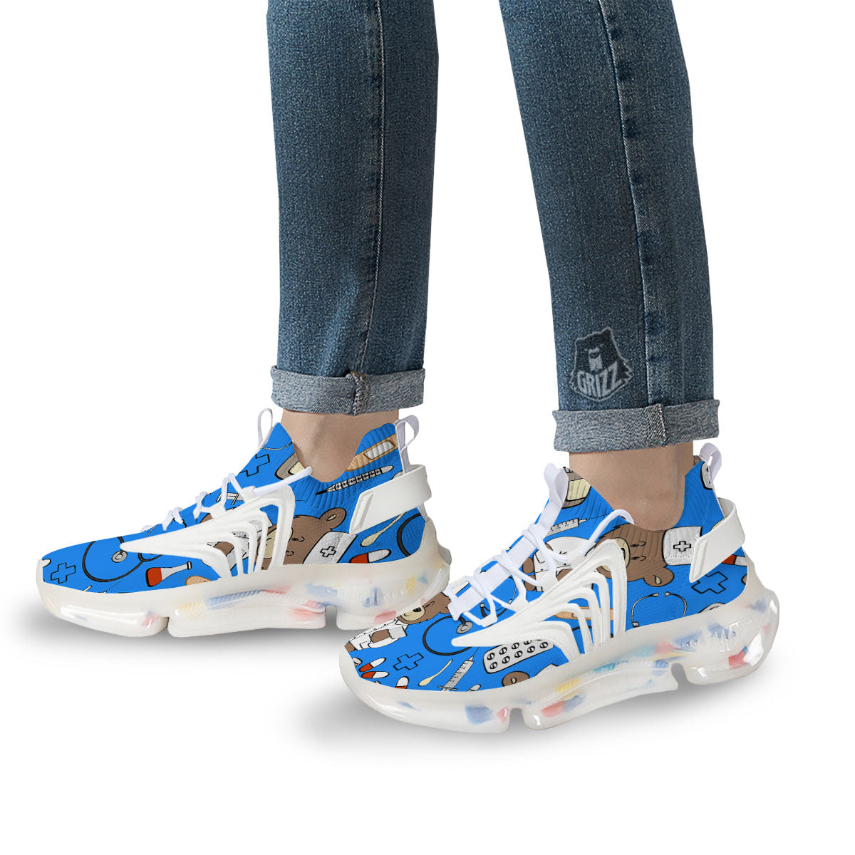Blue Teddy Bear Nurse White Gym Shoes-grizzshop