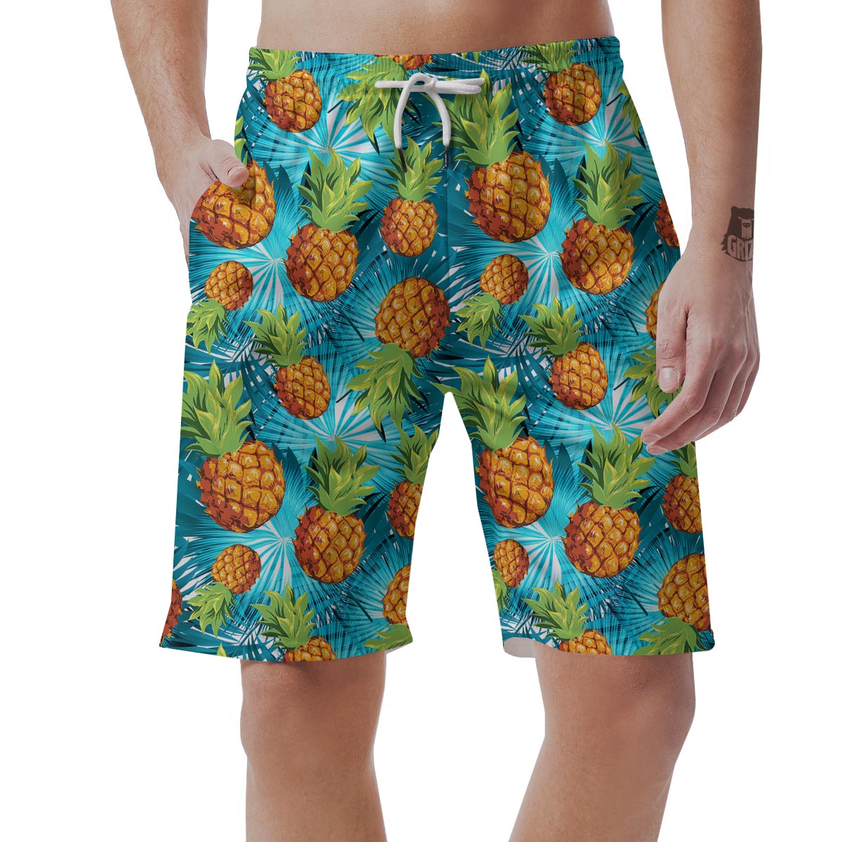 Blue Tropical Hawaiian Pineapple Print Men's Shorts-grizzshop
