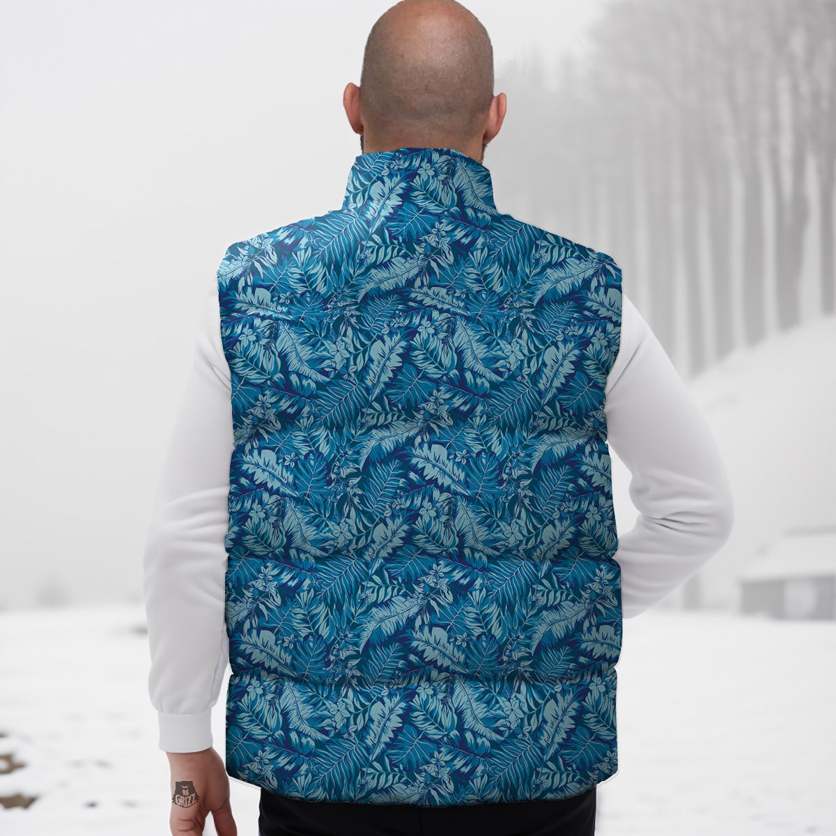 Blue Tropical Leaves Print Down Vest-grizzshop