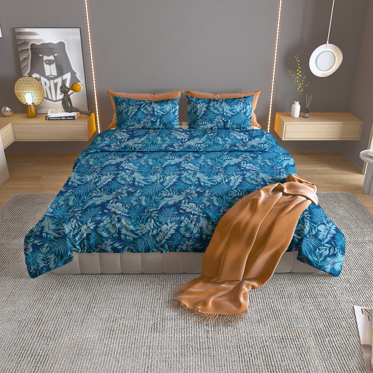 Blue Tropical Leaves Print Duvet Cover Bedding Set-grizzshop
