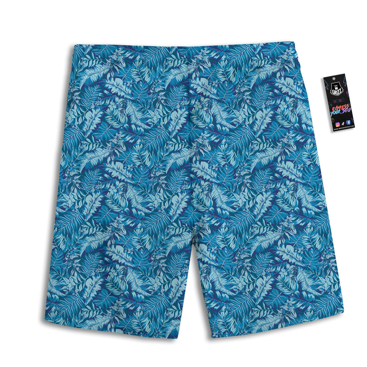 Blue Tropical Leaves Print Men's Athletic Shorts-grizzshop