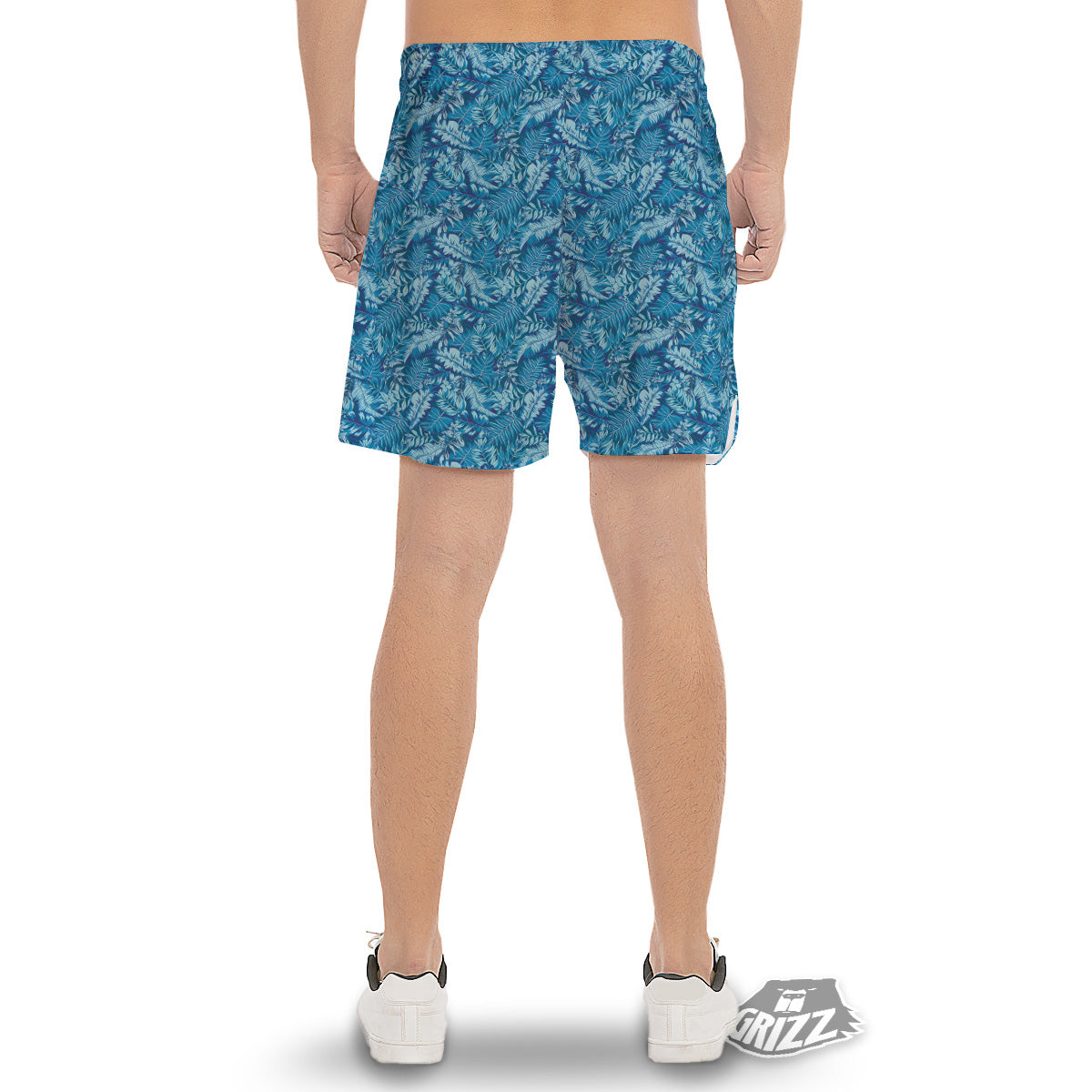 Blue Tropical Leaves Print Men's Gym Shorts-grizzshop