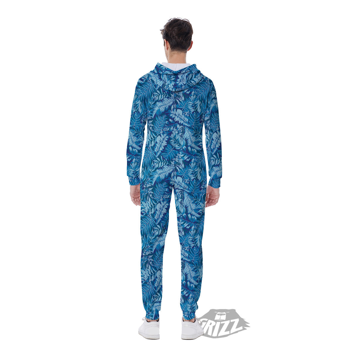 Blue Tropical Leaves Print Men's Jumpsuit-grizzshop