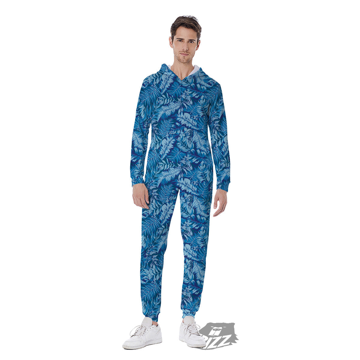 Blue Tropical Leaves Print Men's Jumpsuit-grizzshop