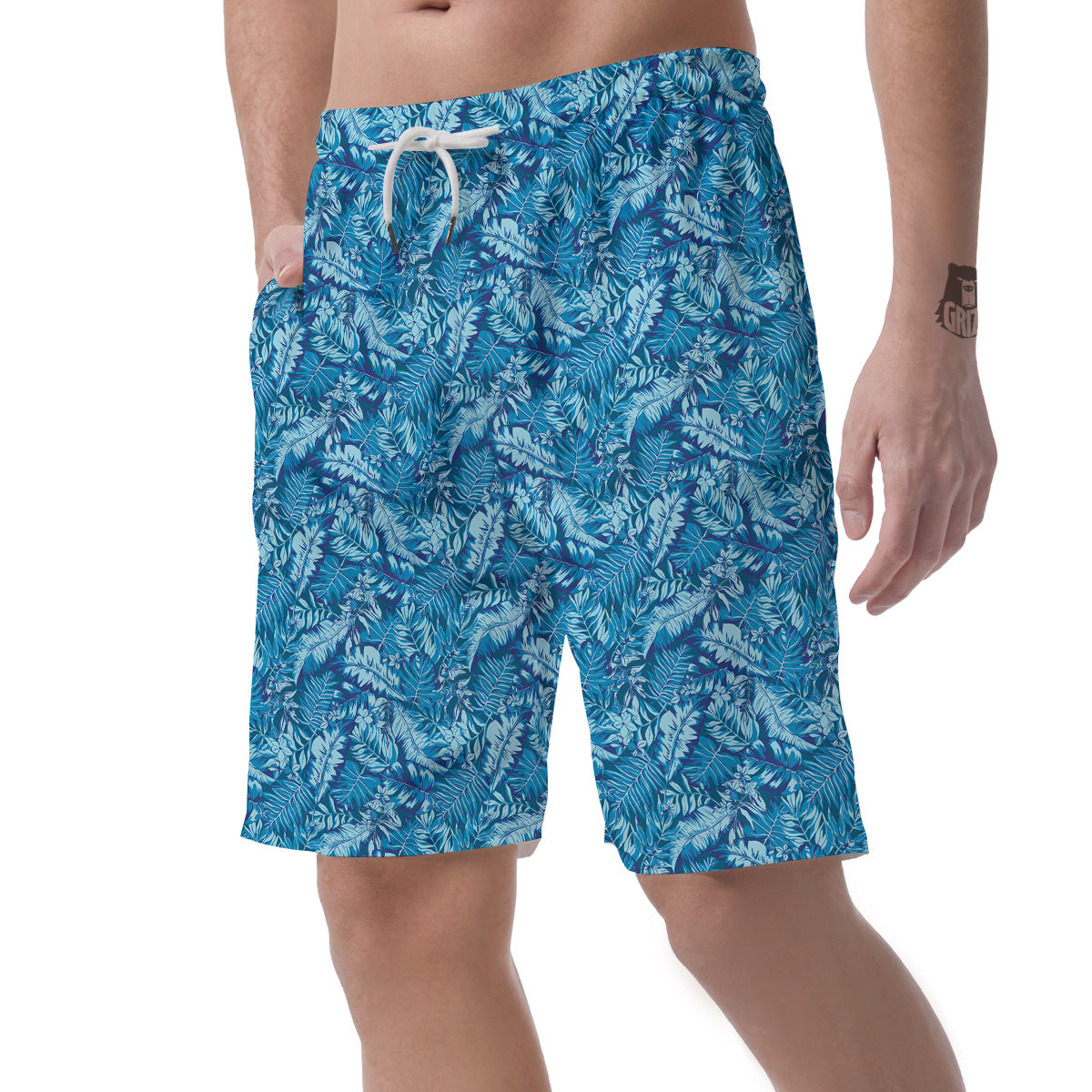 Blue Tropical Leaves Print Men's Shorts-grizzshop