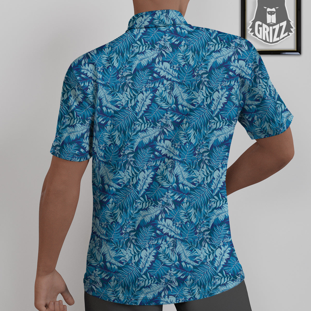 Blue Tropical Leaves Print Untucked Shirts-grizzshop