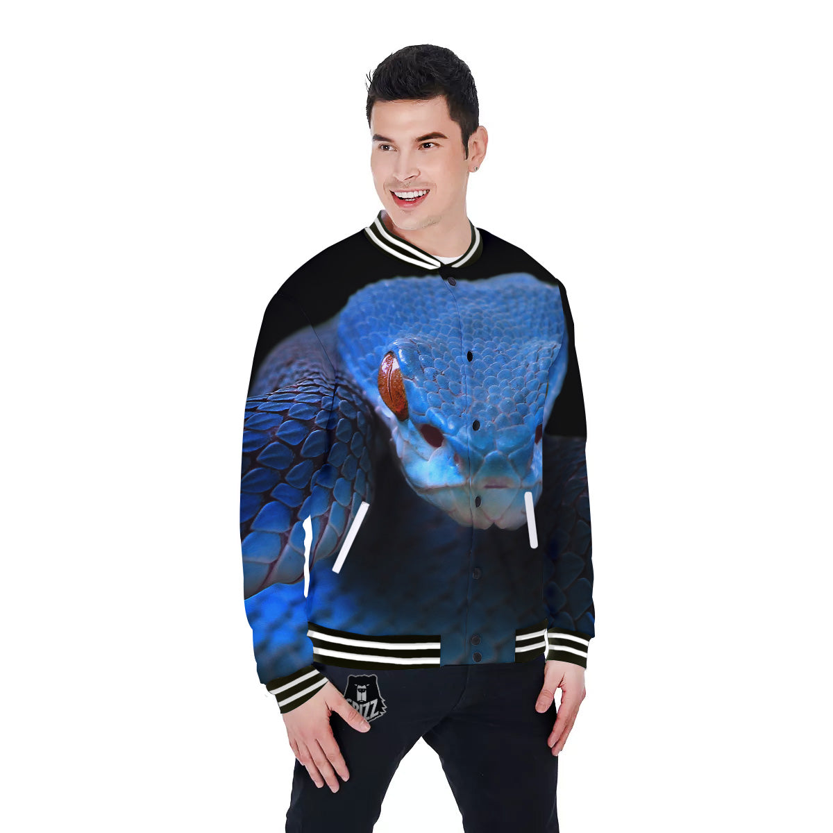 Blue Viper Snake Print Baseball Jacket-grizzshop