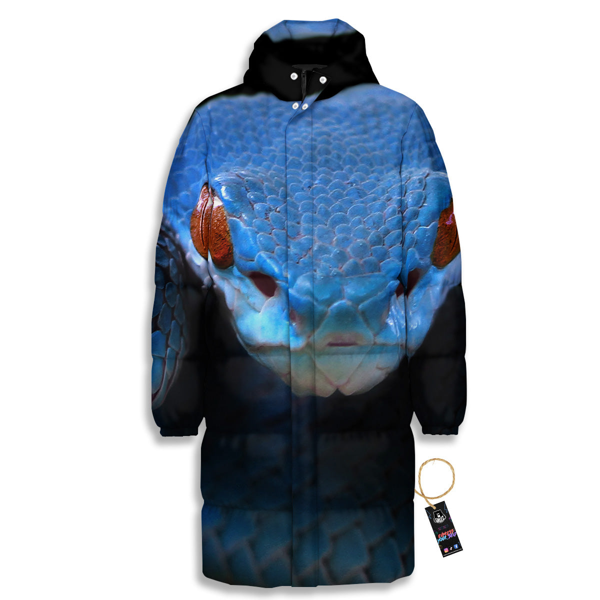 Blue Viper Snake Print Long Down Jacket-grizzshop