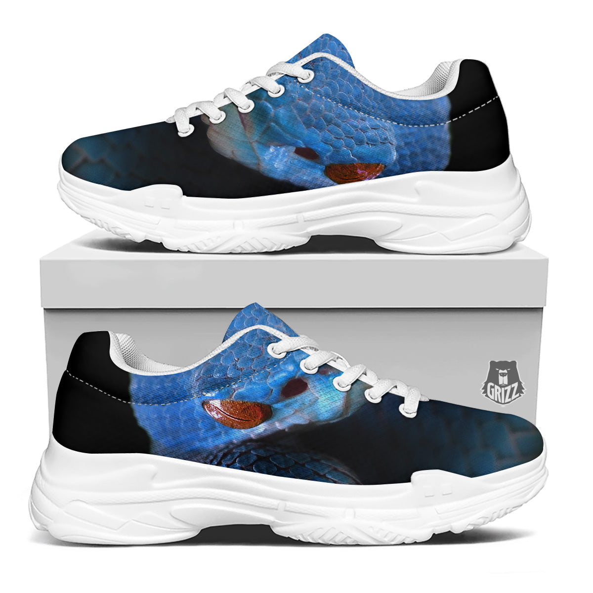 Blue Viper Snake Print White Chunky Shoes-grizzshop