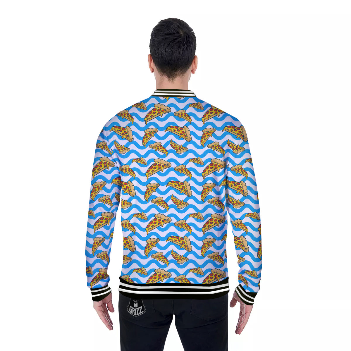 Blue Wave Pizza Print Pattern Baseball Jacket-grizzshop