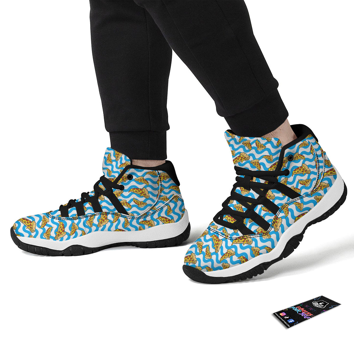 Blue Wave Pizza Print Pattern Black Bball Shoes-grizzshop