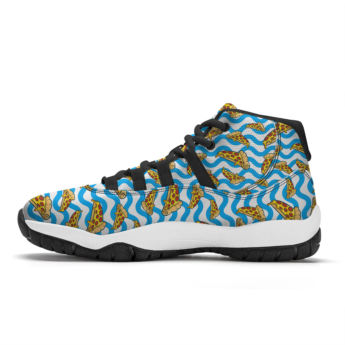 Blue Wave Pizza Print Pattern Black Bball Shoes-grizzshop