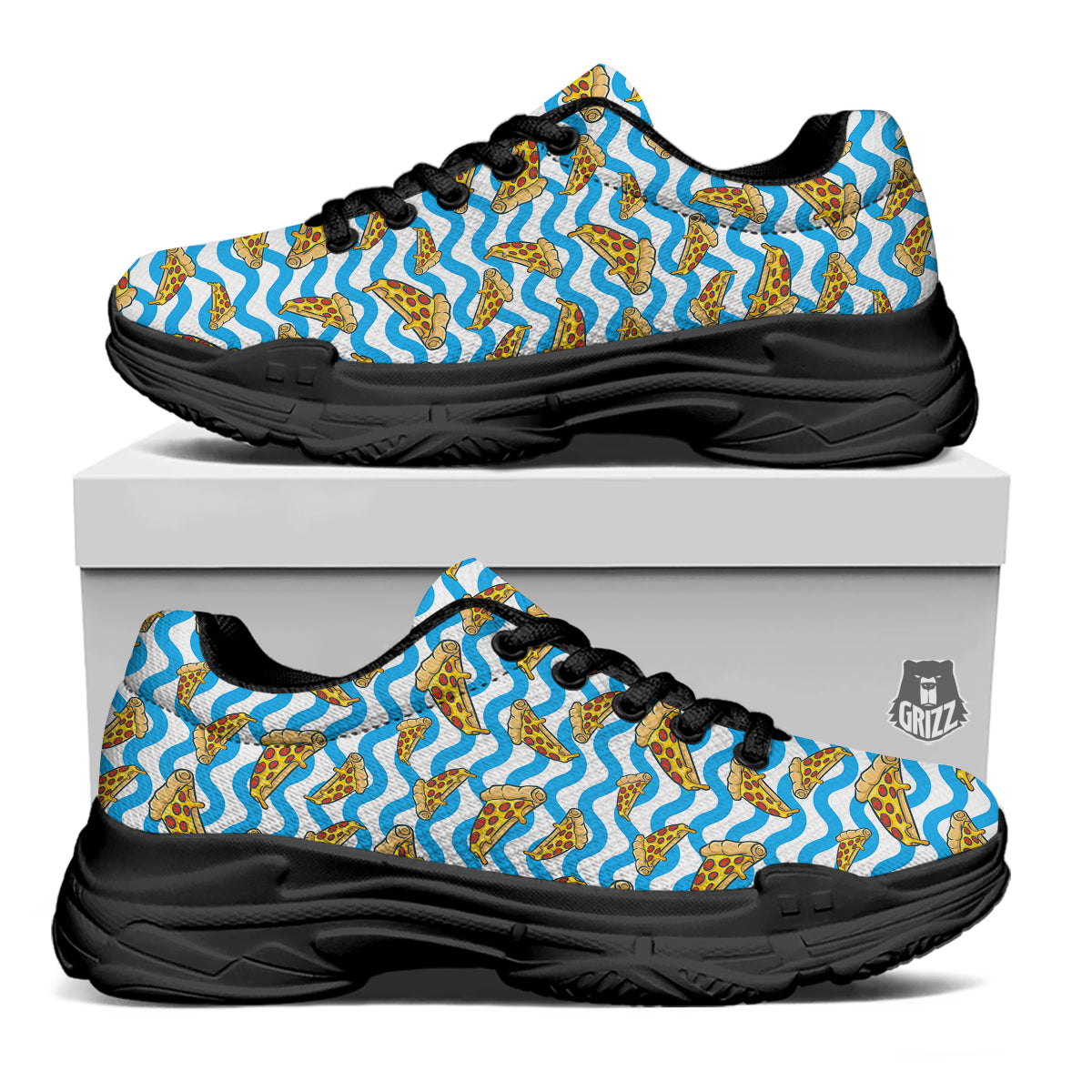 Blue Wave Pizza Print Pattern Black Chunky Shoes-grizzshop