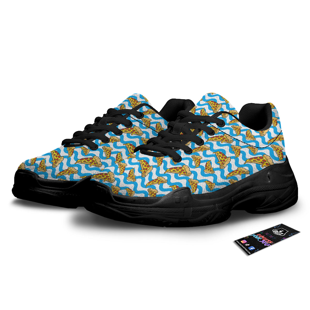Blue Wave Pizza Print Pattern Black Chunky Shoes-grizzshop