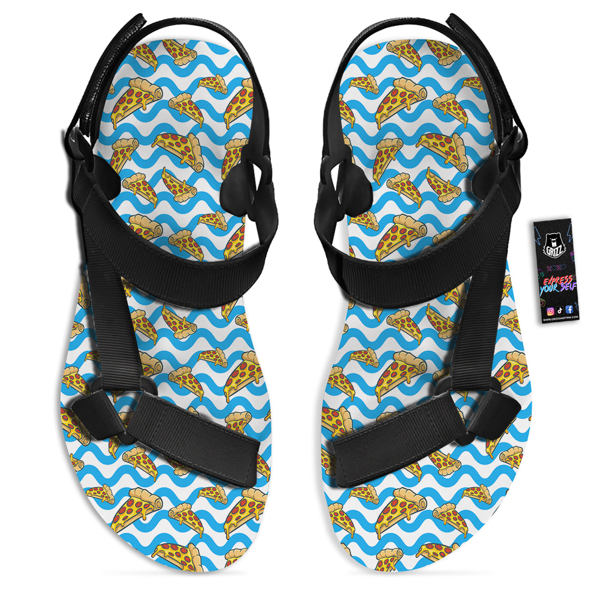 Blue Wave Pizza Print Pattern Black Open Toe Sandals-grizzshop