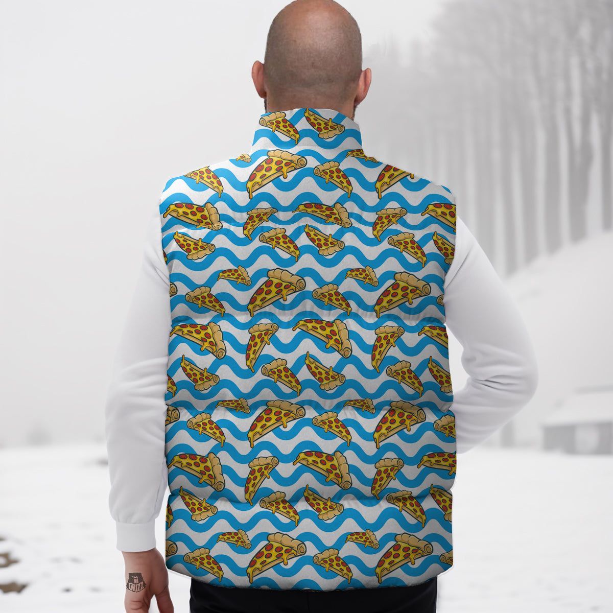 Blue Wave Pizza Print Pattern Down Vest-grizzshop