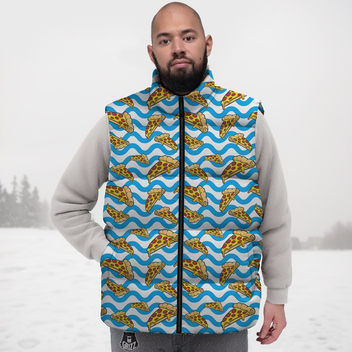 Blue Wave Pizza Print Pattern Down Vest-grizzshop