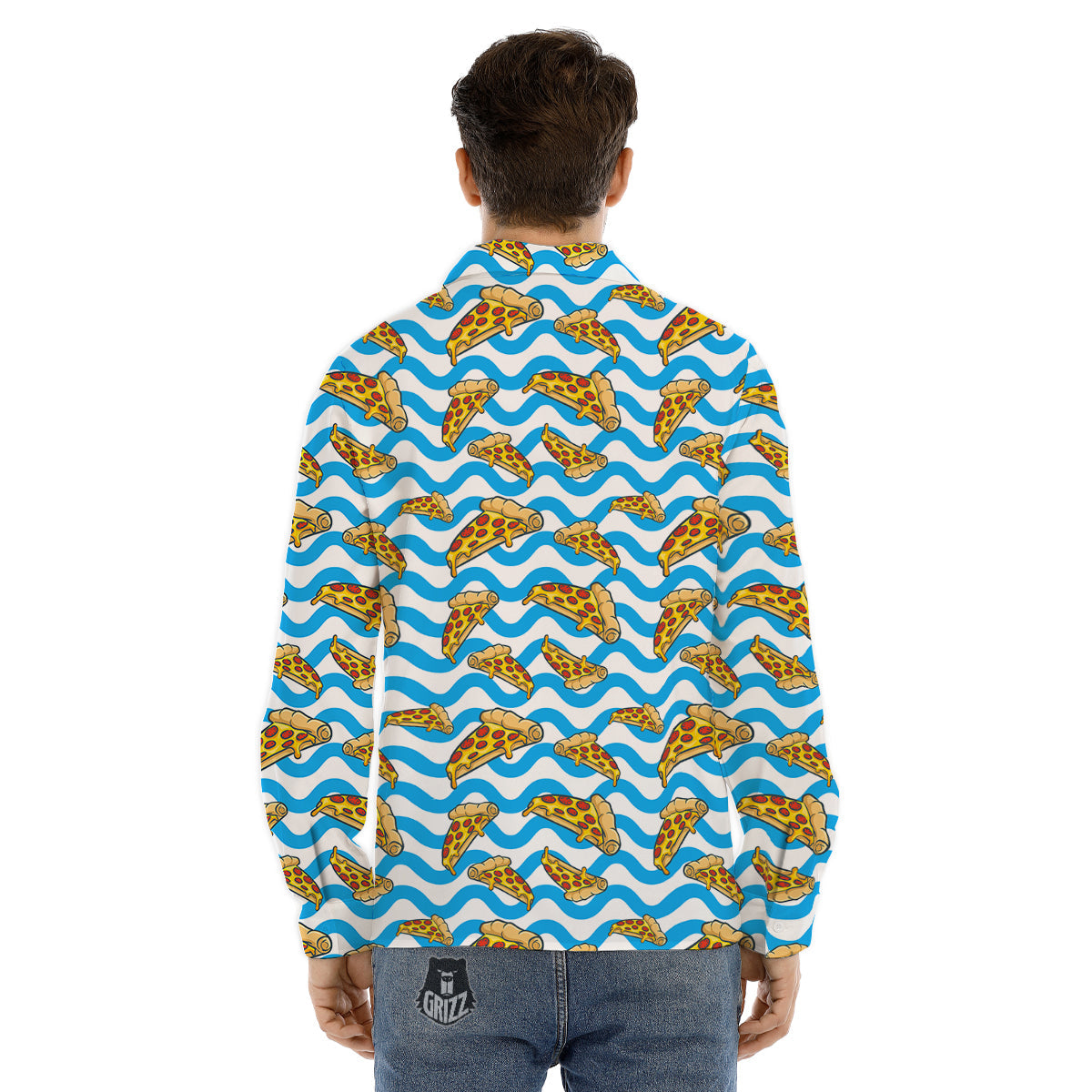 Blue Wave Pizza Print Pattern Men's Dress Shirts-grizzshop