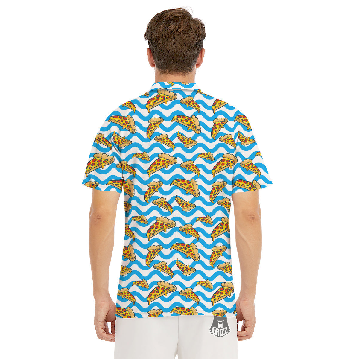 Blue Wave Pizza Print Pattern Men's Golf Shirts-grizzshop