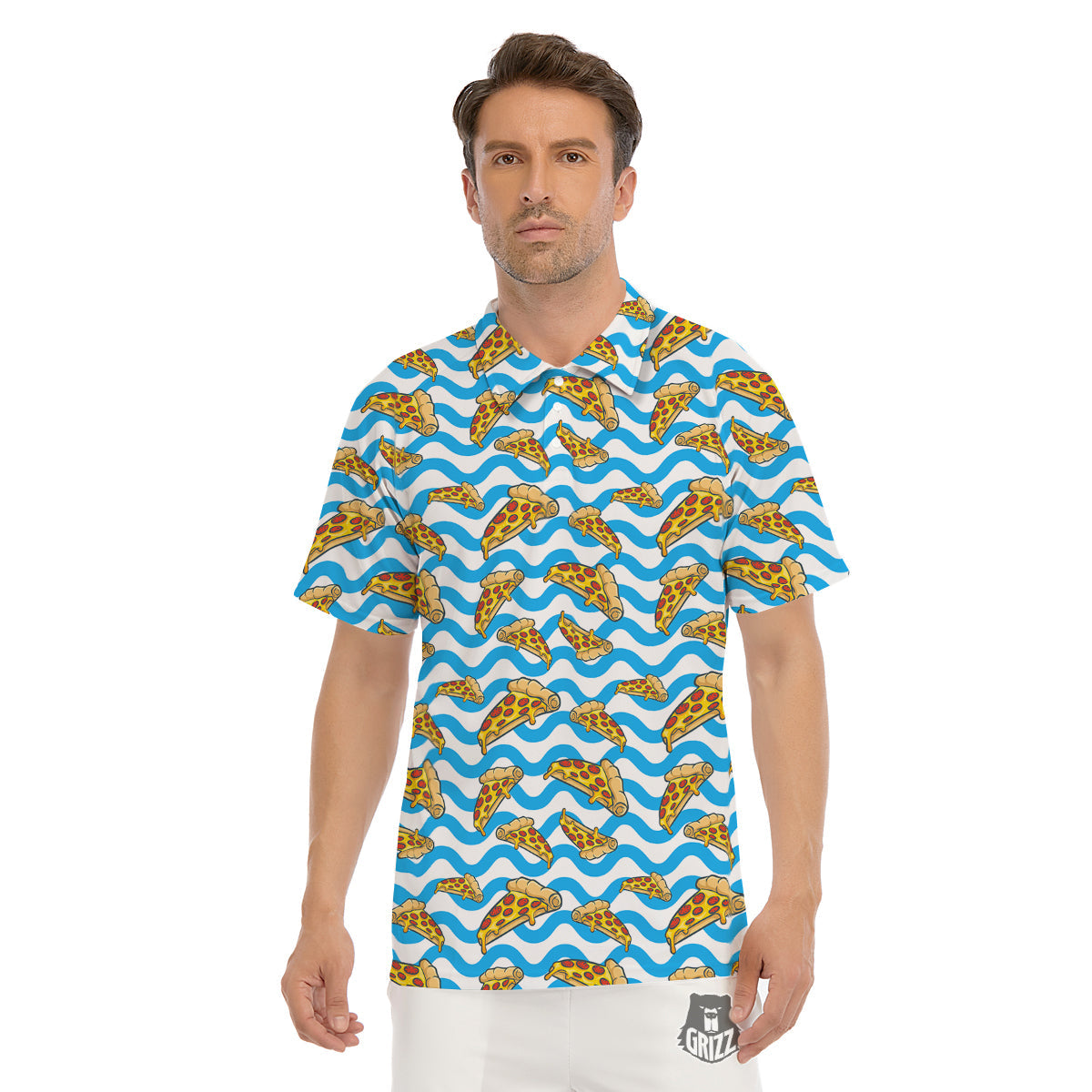 Blue Wave Pizza Print Pattern Men's Golf Shirts-grizzshop