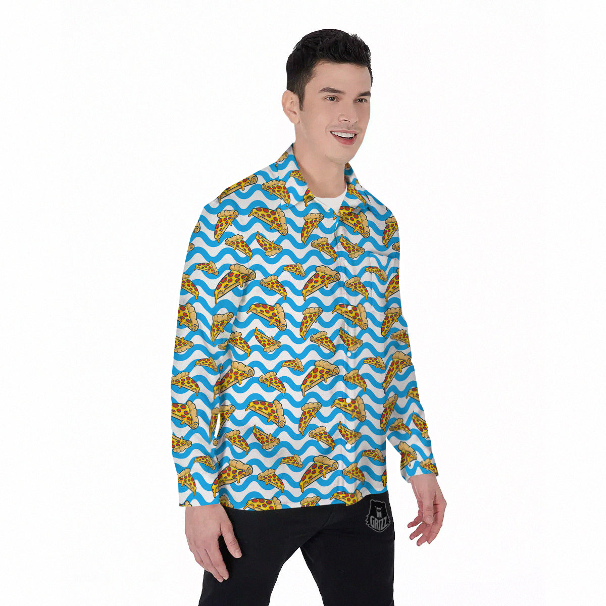 Blue Wave Pizza Print Pattern Men's Long Sleeve Shirts-grizzshop