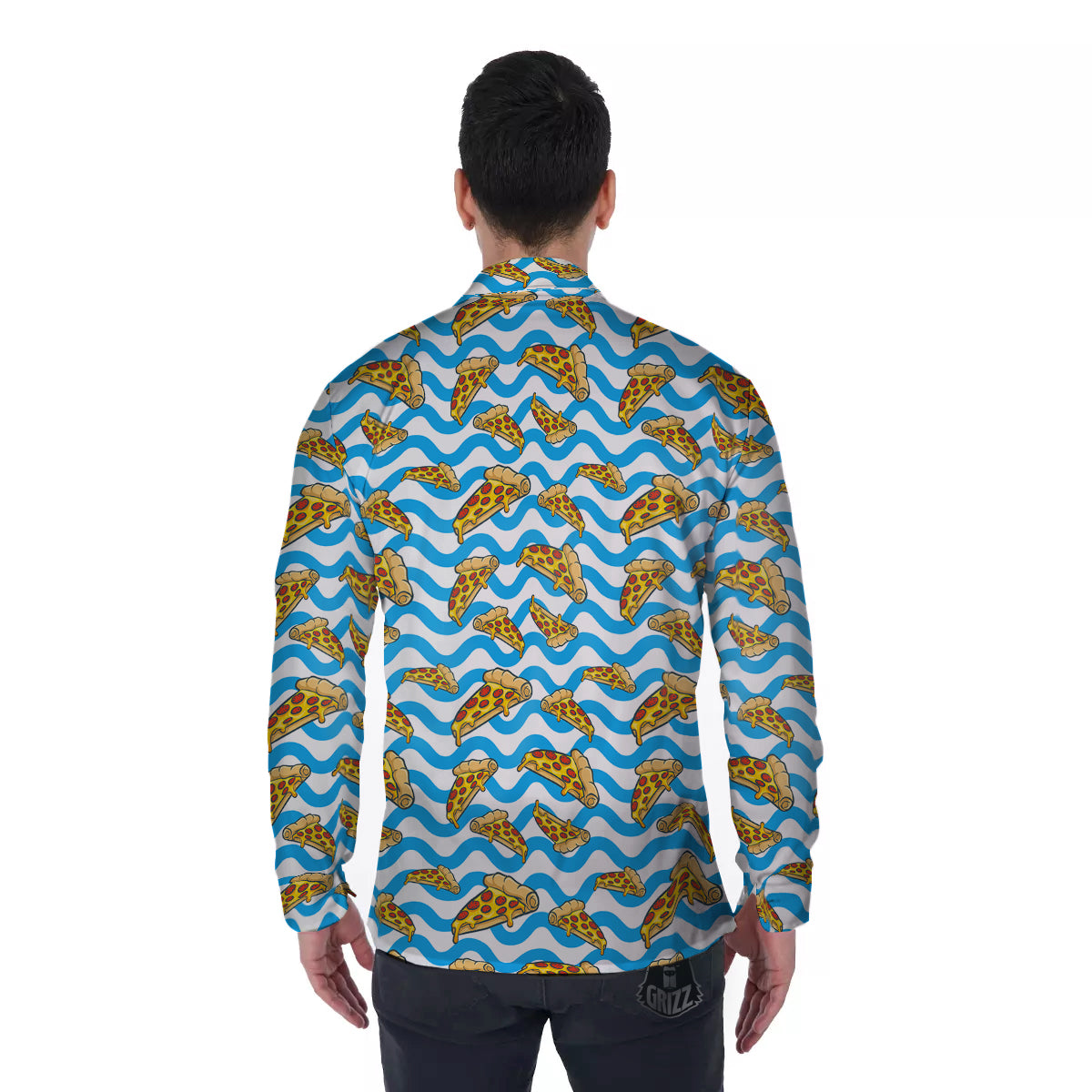 Blue Wave Pizza Print Pattern Men's Long Sleeve Shirts-grizzshop