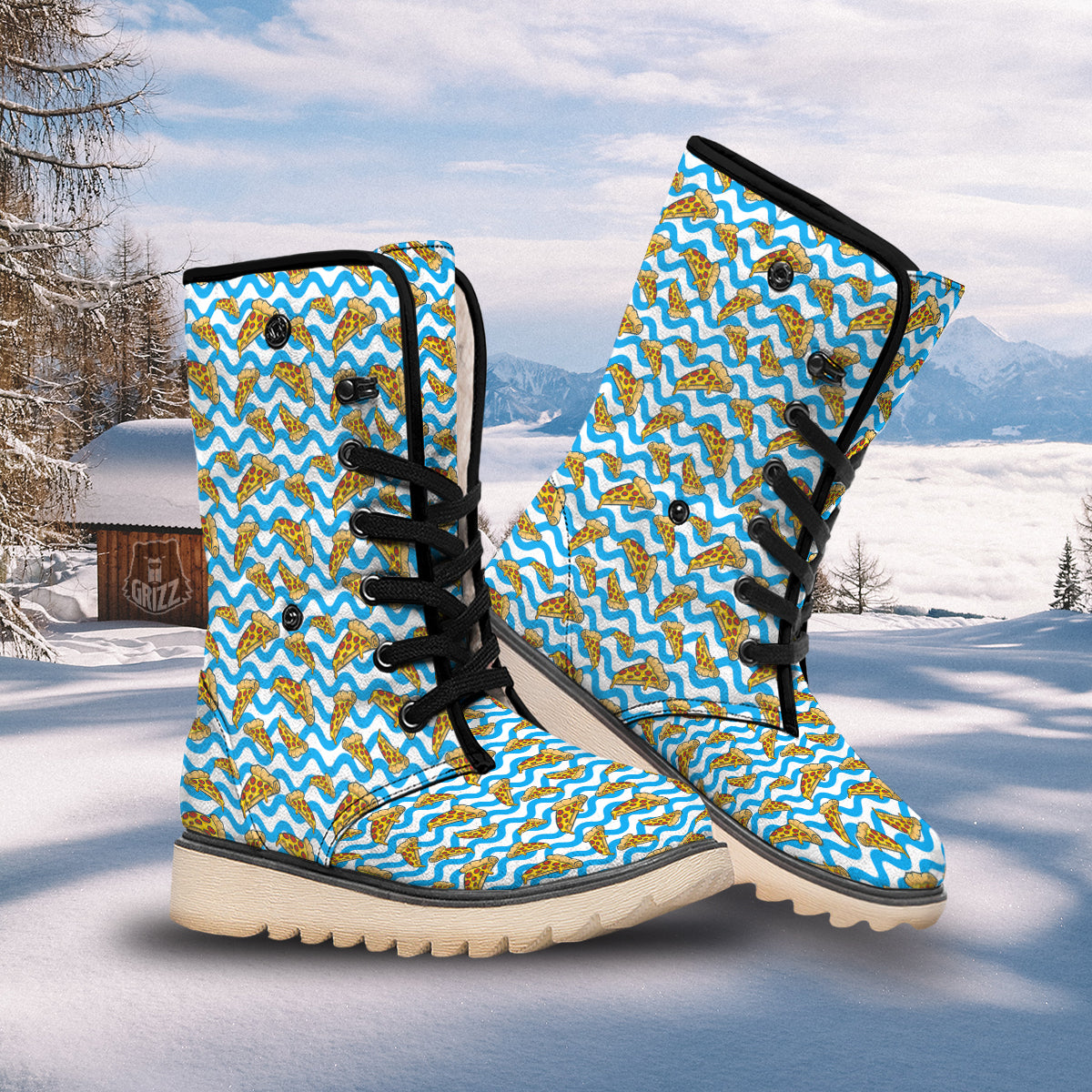 Blue Wave Pizza Print Pattern Snow Boots-grizzshop