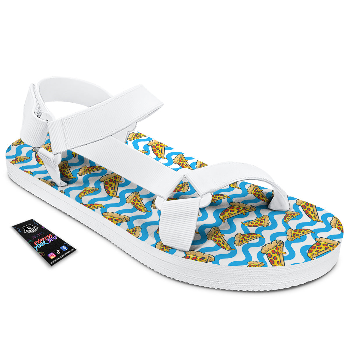 Blue Wave Pizza Print Pattern White Open Toe Sandals-grizzshop