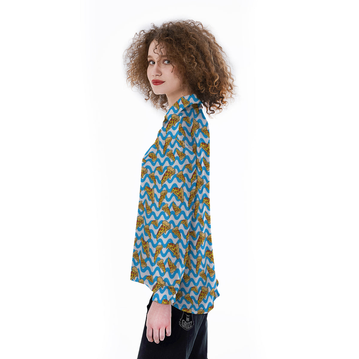 Blue Wave Pizza Print Pattern Women's Long Sleeve Shirts-grizzshop