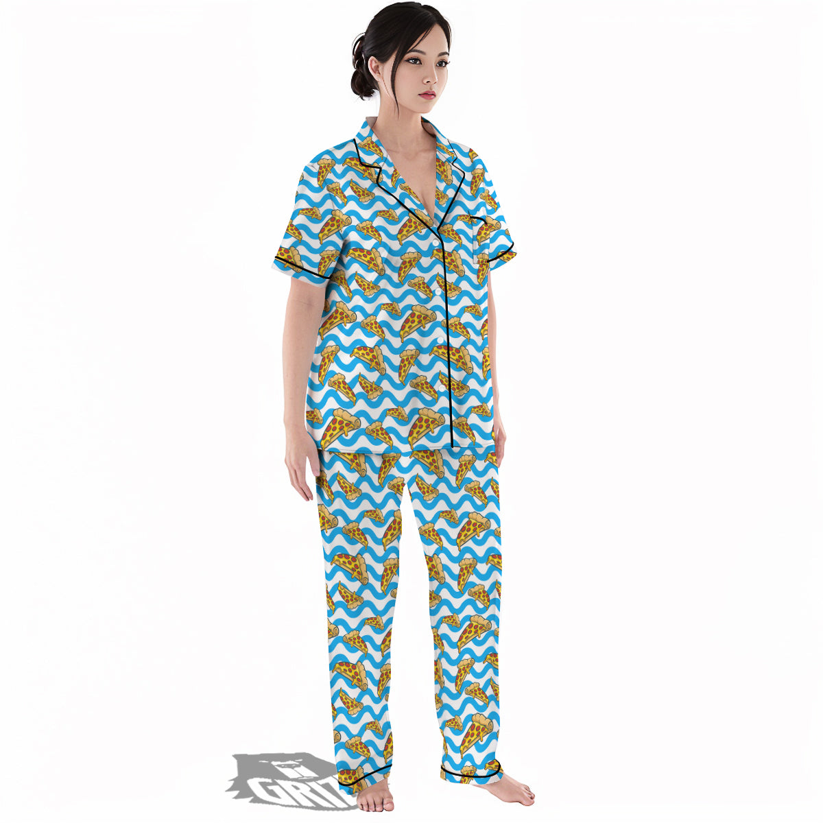 Blue Wave Pizza Print Pattern Women's Pajamas Set-grizzshop