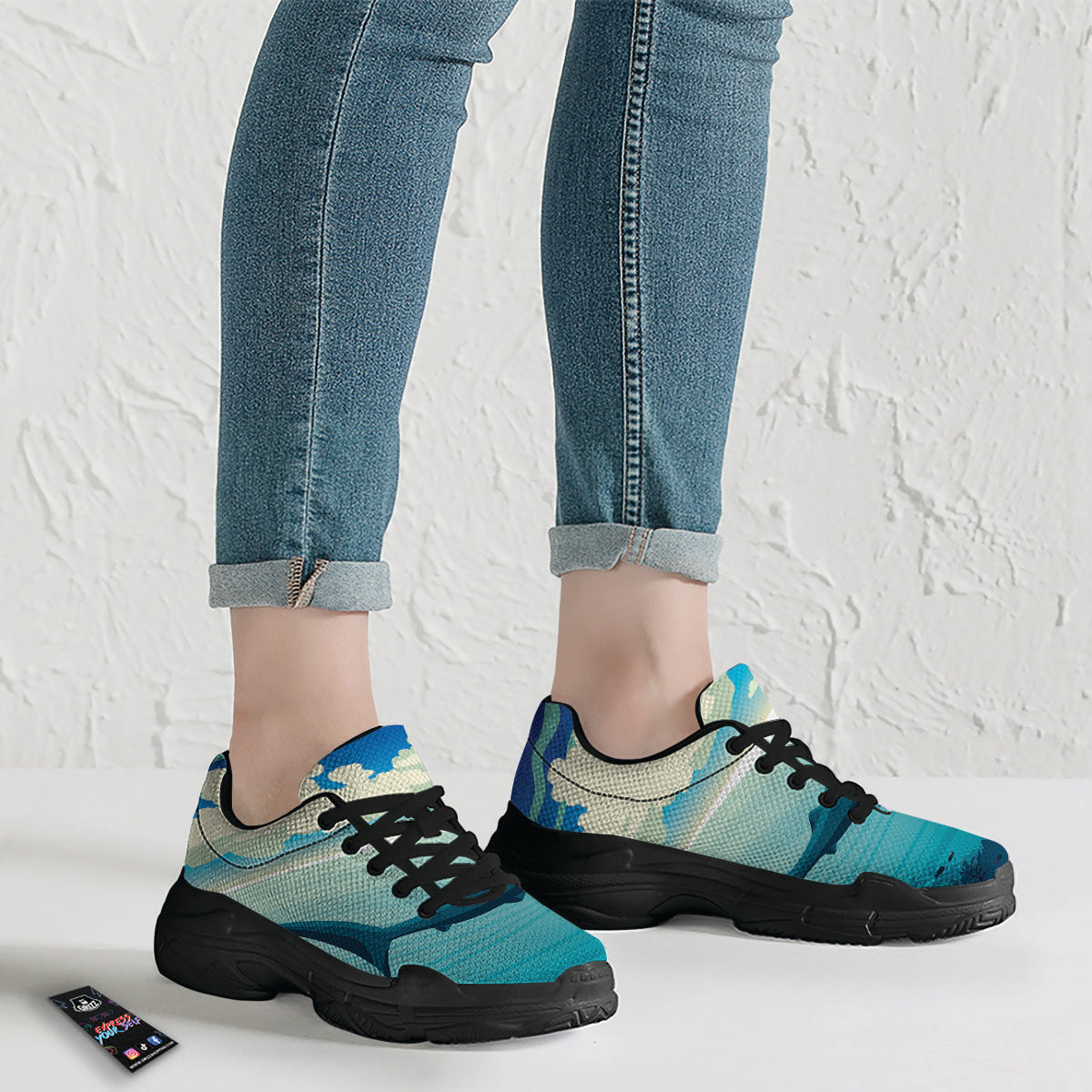 Blue Whale In Deep Sea Print Black Chunky Shoes-grizzshop