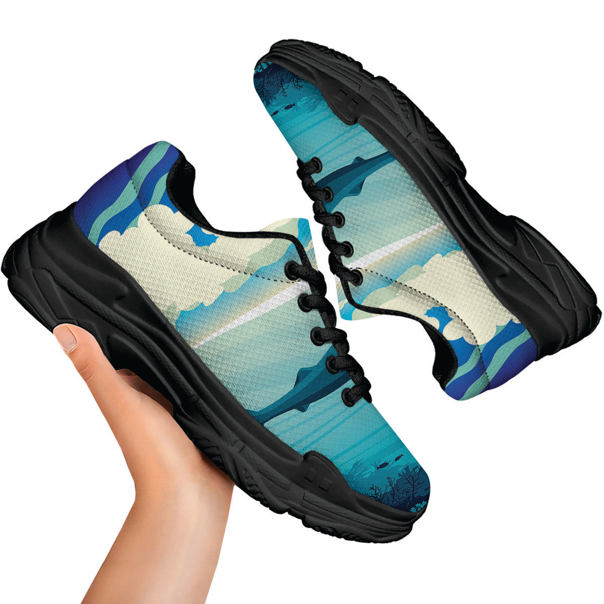 Blue Whale In Deep Sea Print Black Chunky Shoes-grizzshop