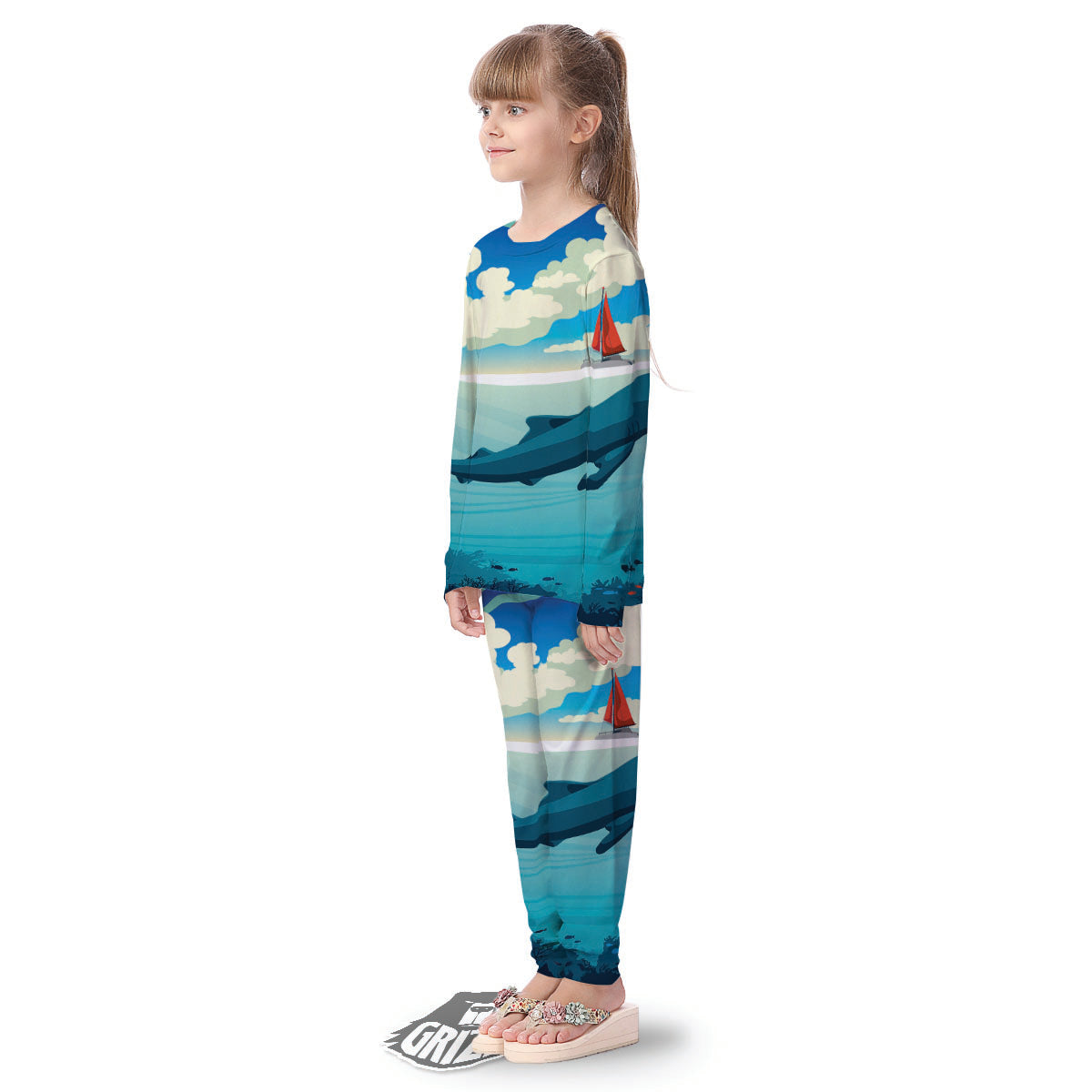 Blue Whale In Deep Sea Print Kid's Pajamas-grizzshop