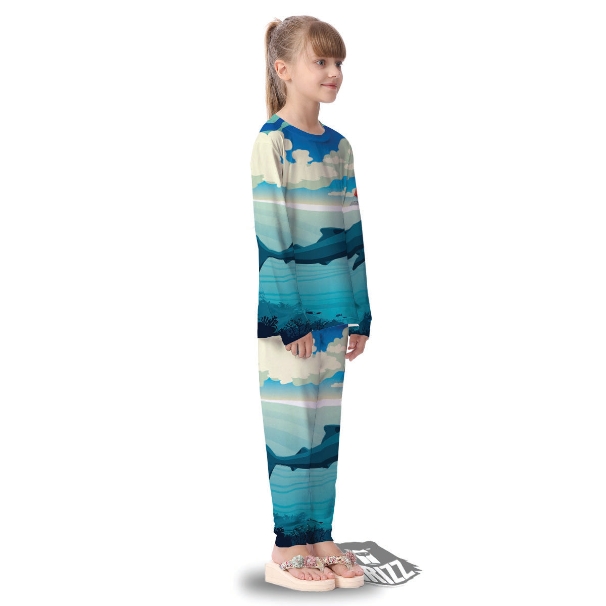 Blue Whale In Deep Sea Print Kid's Pajamas-grizzshop