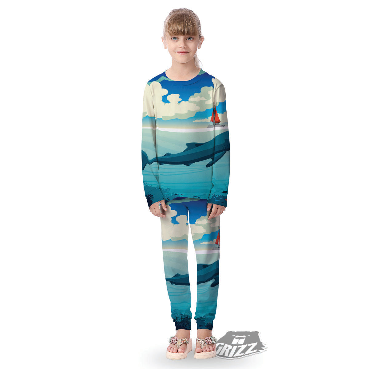 Blue Whale In Deep Sea Print Kid's Pajamas-grizzshop