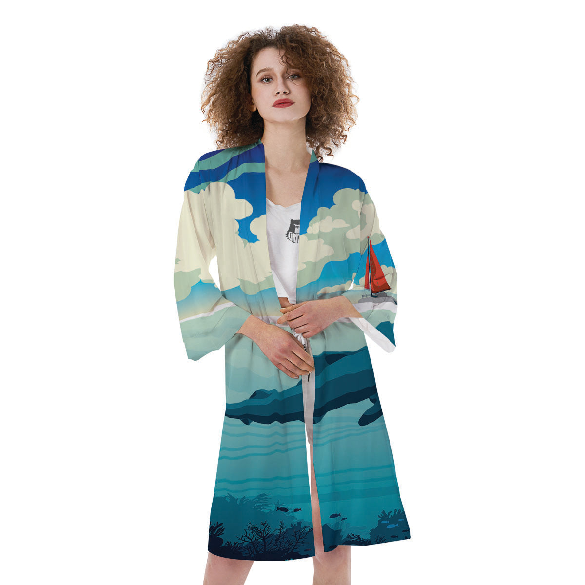 Blue Whale In Deep Sea Print Kimono-grizzshop