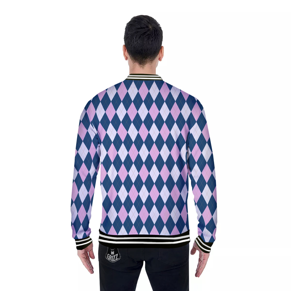 Blue White And Pink Argyle Print Pattern Baseball Jacket-grizzshop