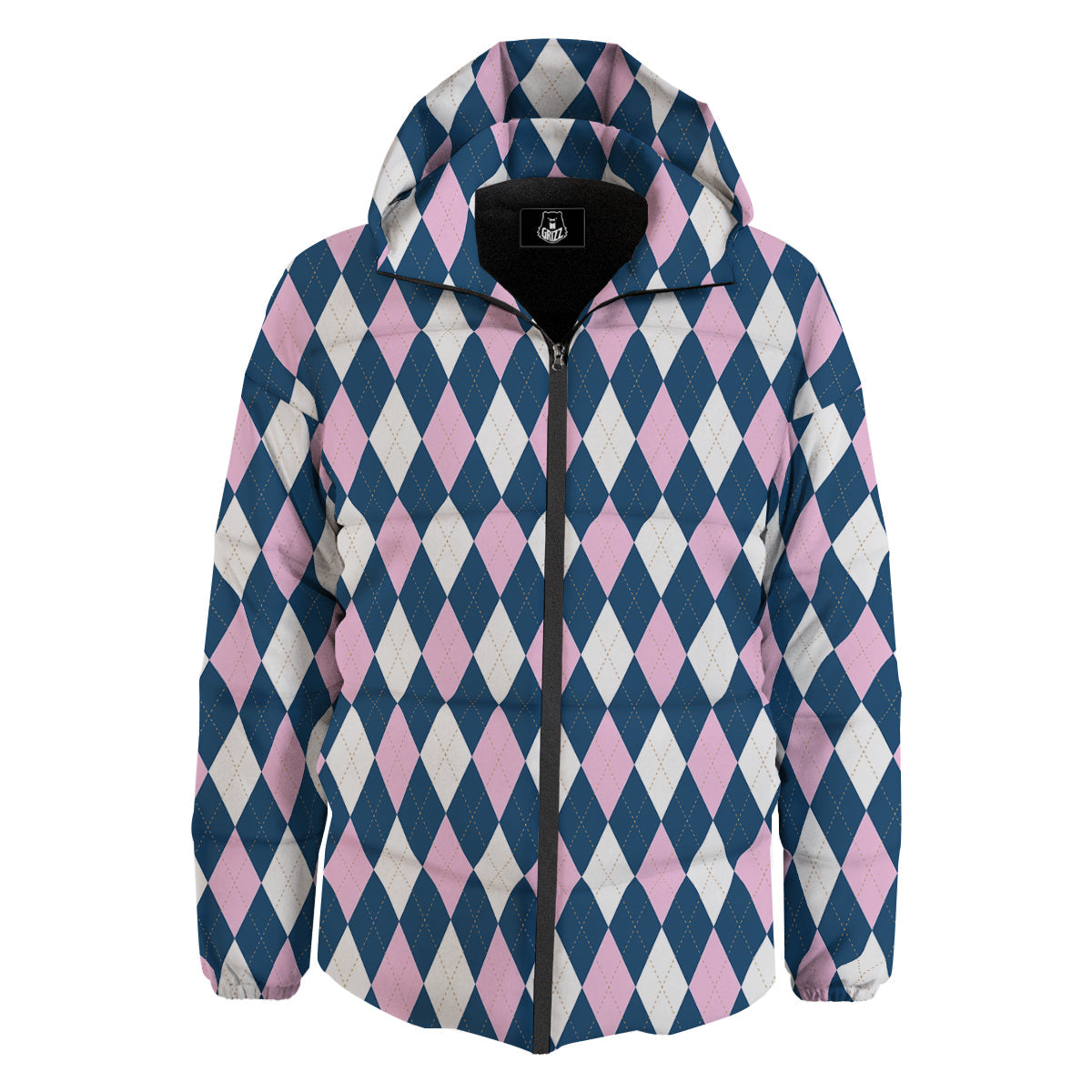 Blue White And Pink Argyle Print Pattern Down Jacket-grizzshop