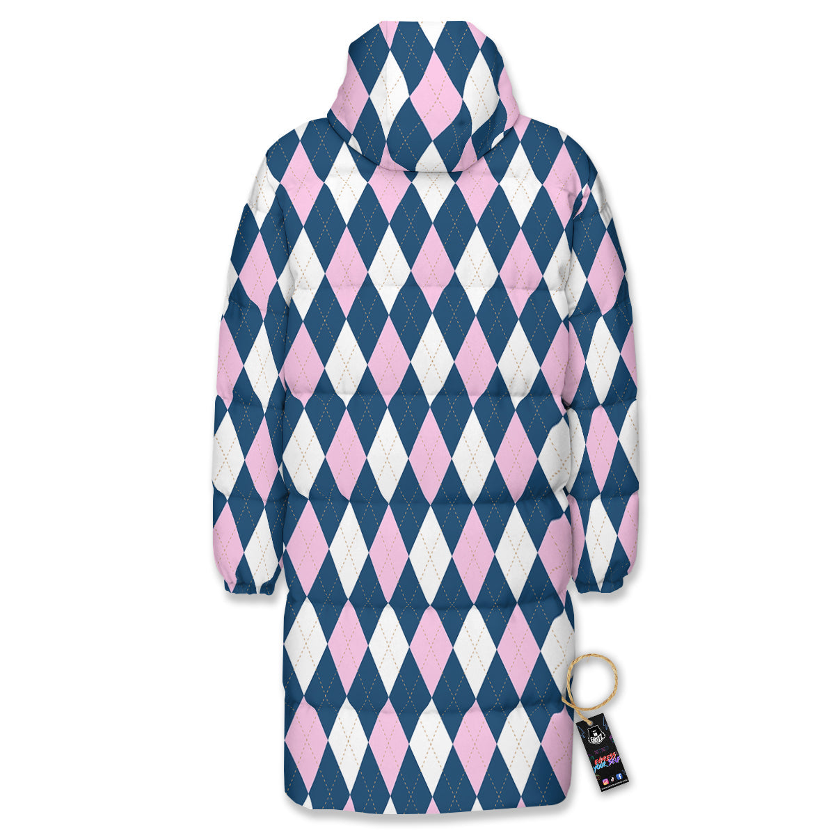 Blue White And Pink Argyle Print Pattern Long Down Jacket-grizzshop