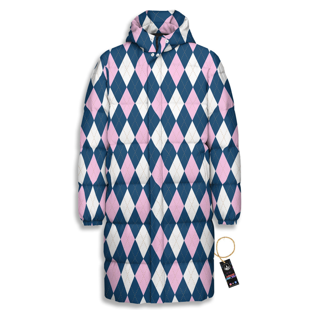 Blue White And Pink Argyle Print Pattern Long Down Jacket-grizzshop