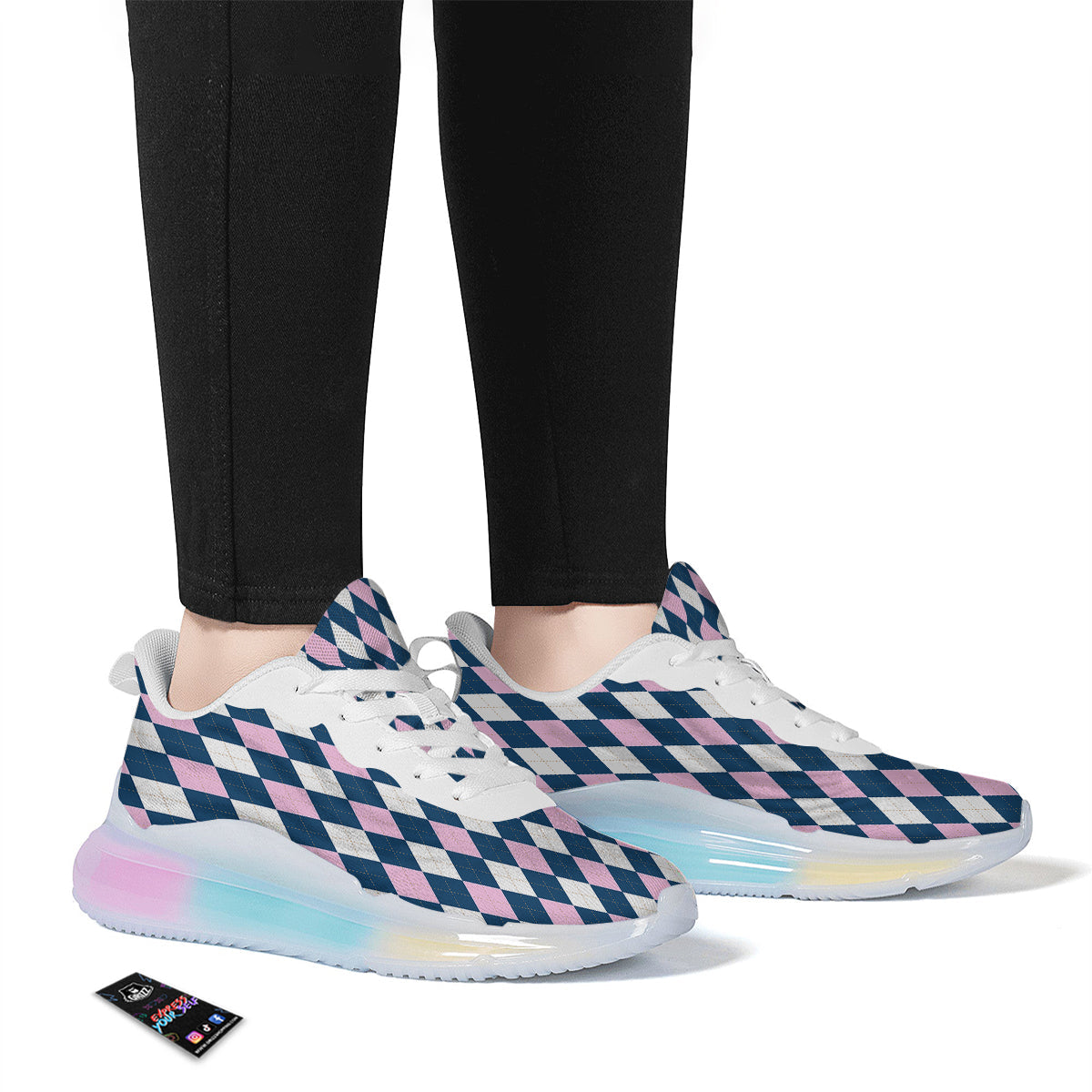 Blue White And Pink Argyle Print Pattern Running Sneakers-grizzshop