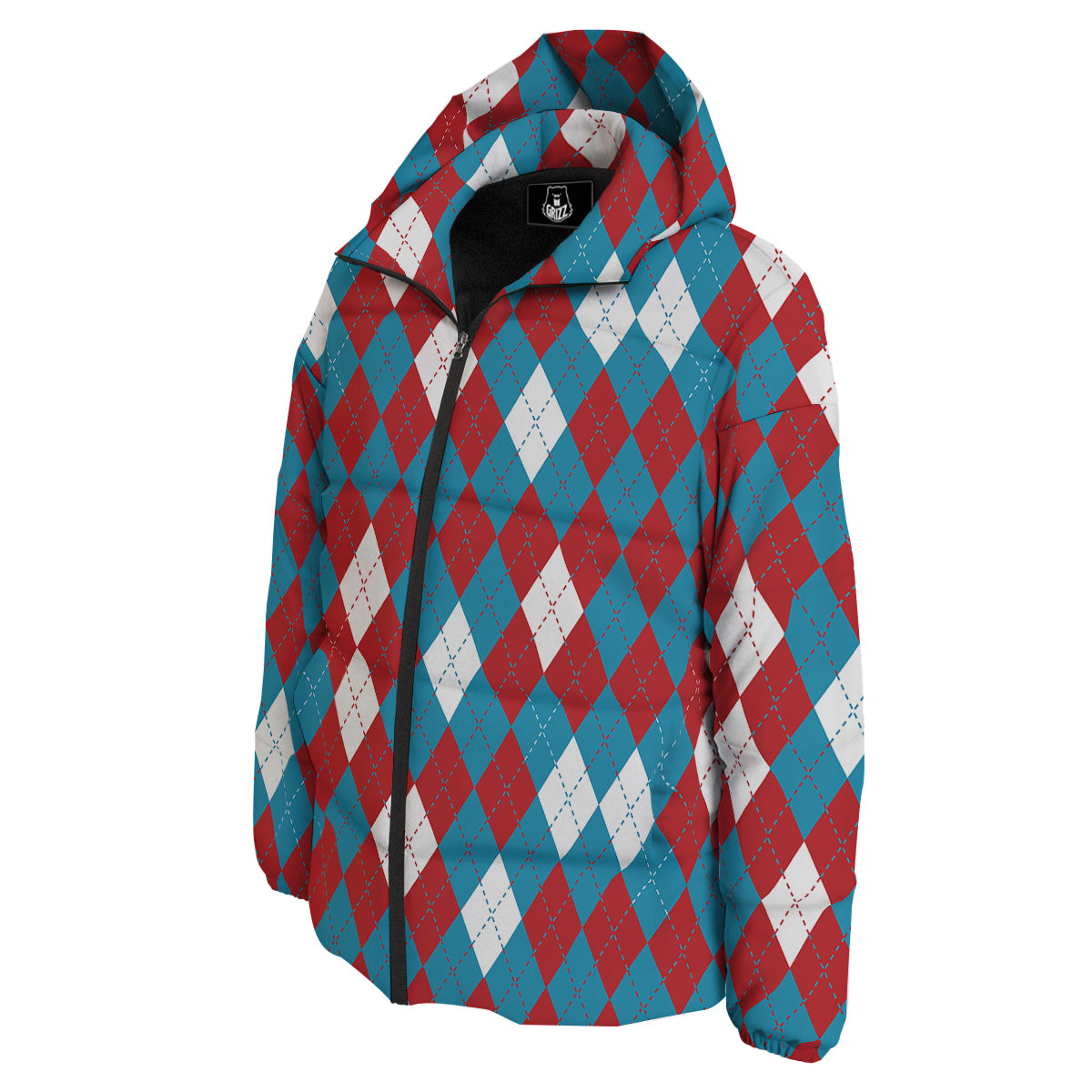 Blue White And Red Argyle Print Pattern Down Jacket-grizzshop